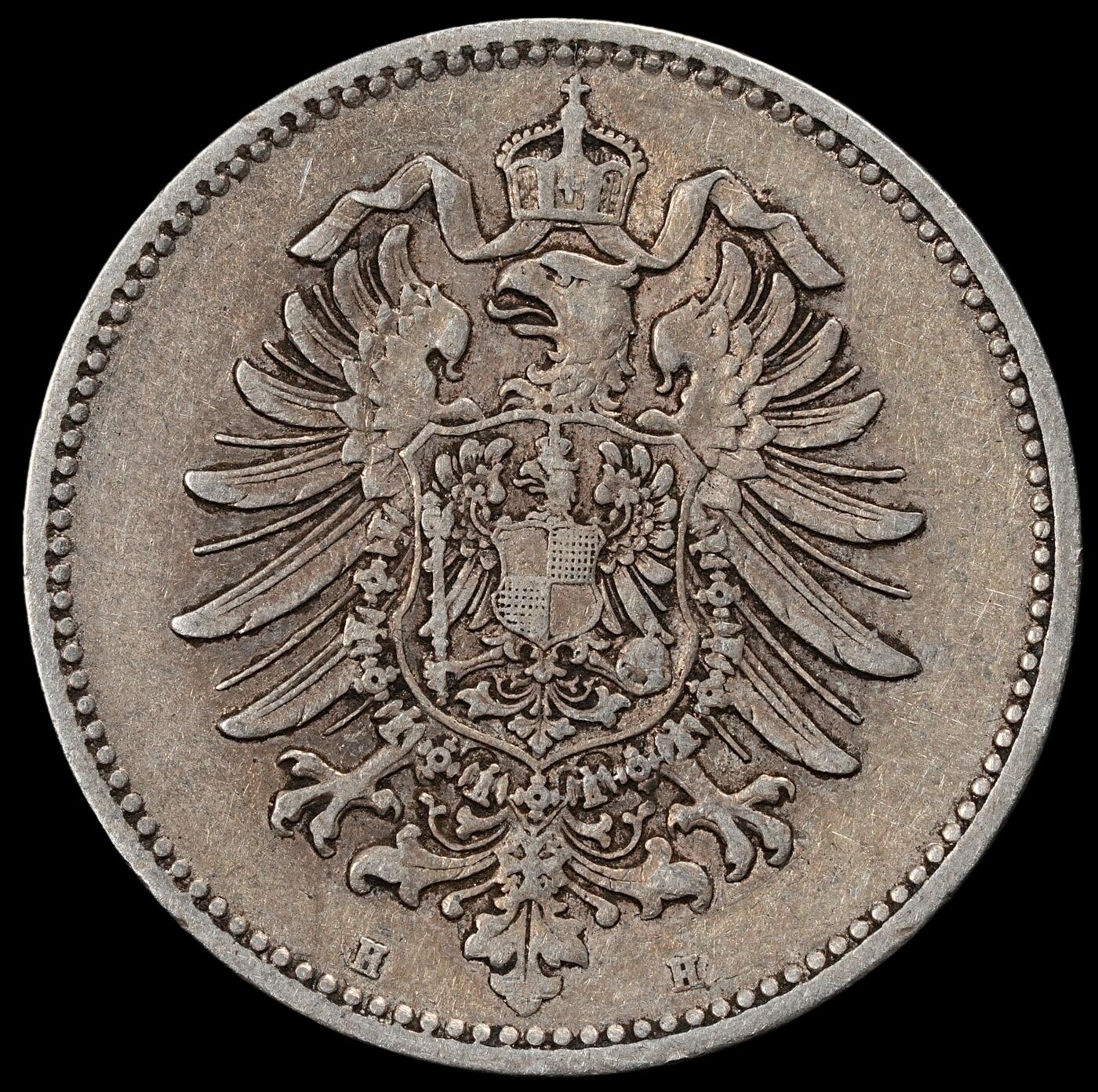 修遠堂世界钱币第一百期 1875年德国1马克银币 H厂铭，5.50g，含银90%