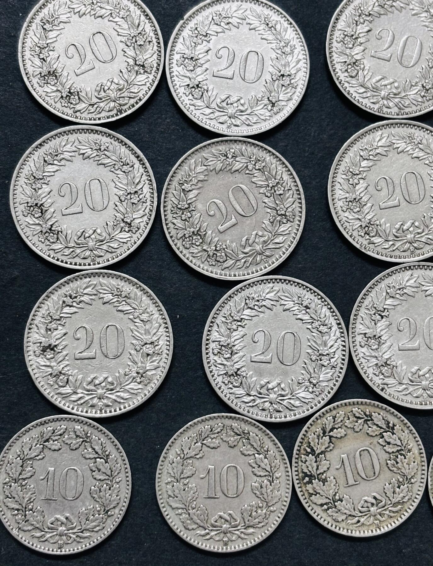 文馨钱币收藏 迎新纳福2026新年第一场（第 287 场）金银老铜币拍卖 少见早期极美品 1920-1939 年瑞士 5-10-20 生丁 21 枚，对应民国 9 年---18 年时期，所见美品网上也要小几十一枚