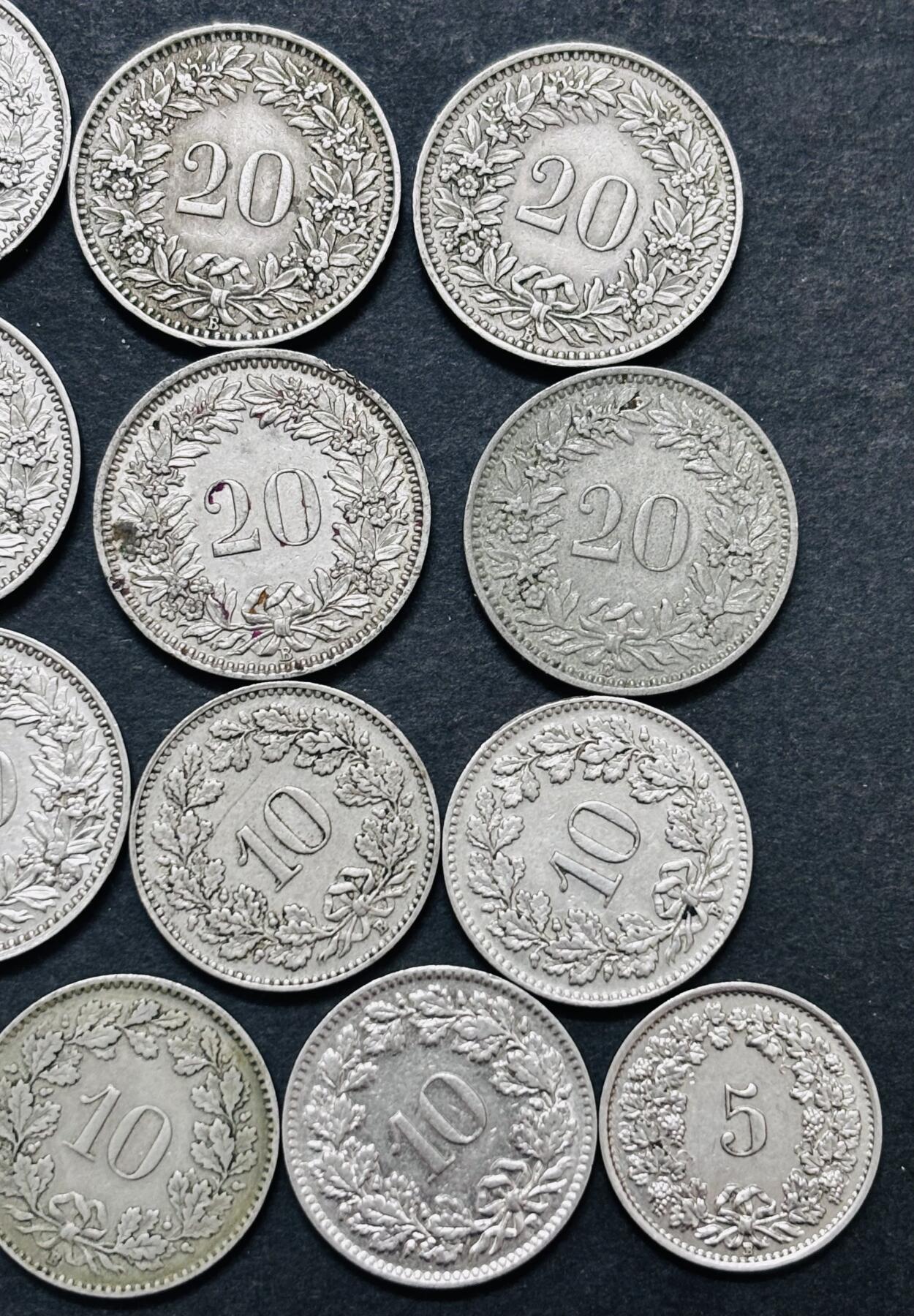 文馨钱币收藏 迎新纳福2026新年第一场（第 287 场）金银老铜币拍卖 少见早期极美品 1920-1939 年瑞士 5-10-20 生丁 21 枚，对应民国 9 年---18 年时期，所见美品网上也要小几十一枚