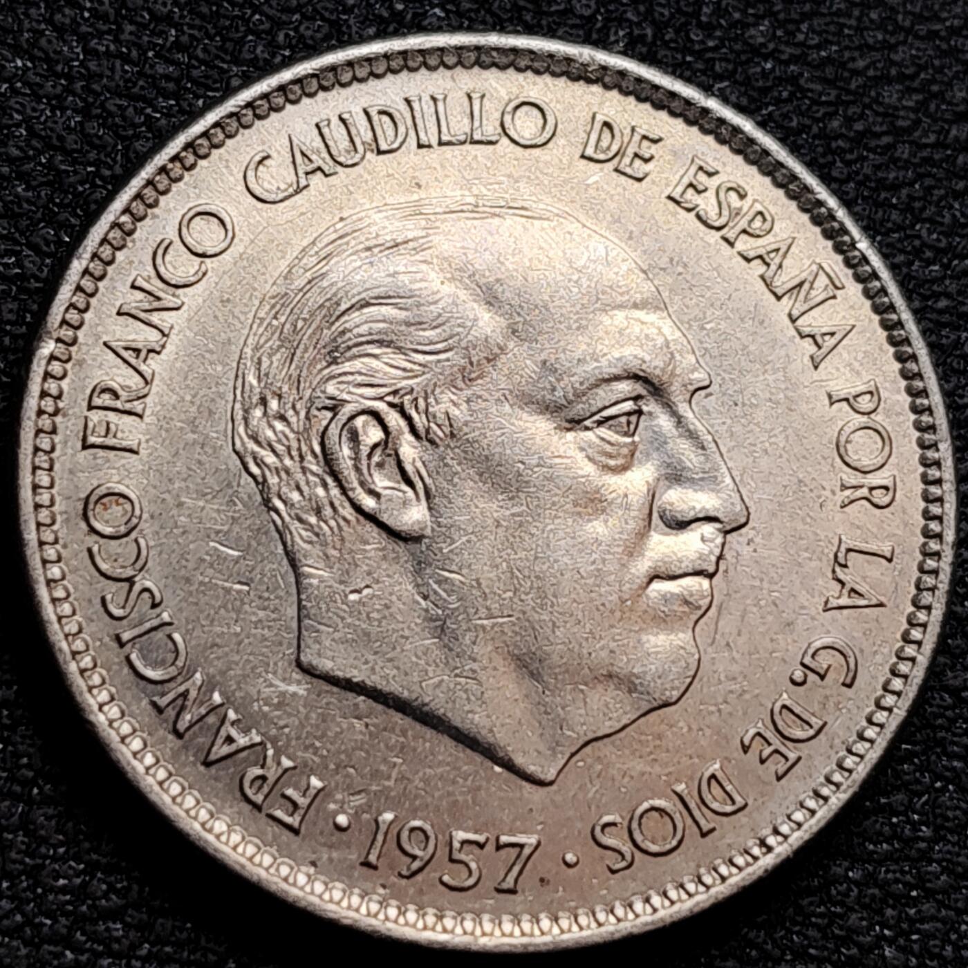 泉币菌-第160场-新年第三场 精品福利场 原光美品 弗朗西斯科佛朗哥 西班牙1957-年25比塞塔銅镍硬币26.5mm8.5g