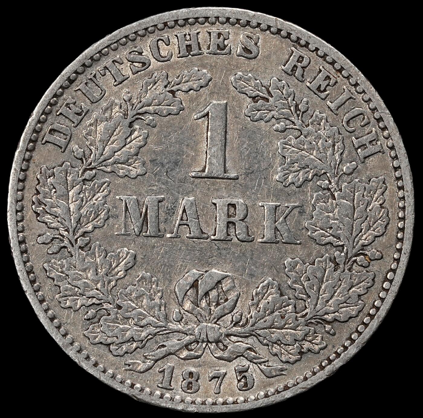 修遠堂世界钱币第一百期 1875年德国1马克银币 G厂铭，5.47g，含银90%