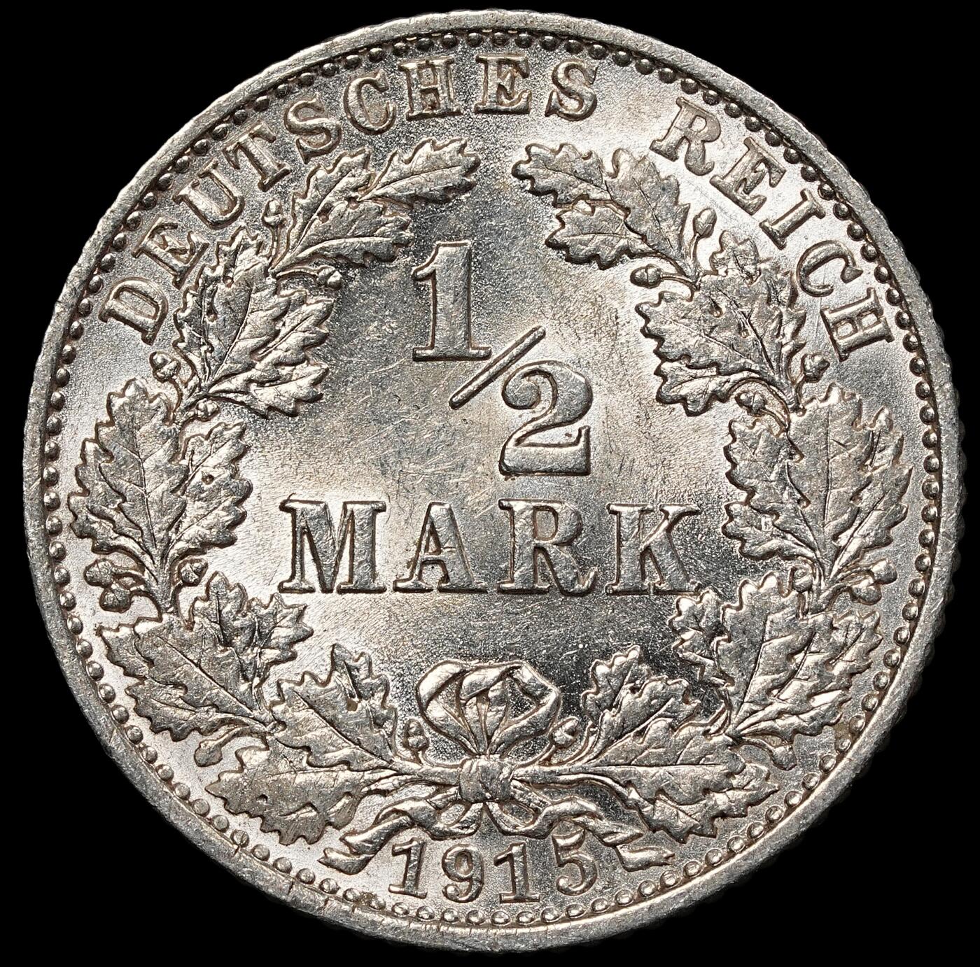 修遠堂世界钱币第一百期 1915年德国1/2马克银币 E厂铭，未流通，2.77g，含银90%