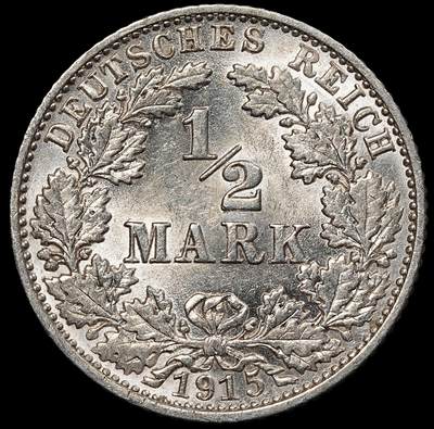 修遠堂世界钱币第一百期 - 1915年德国1/2马克银币 E厂铭，未流通，2.77g，含银90%