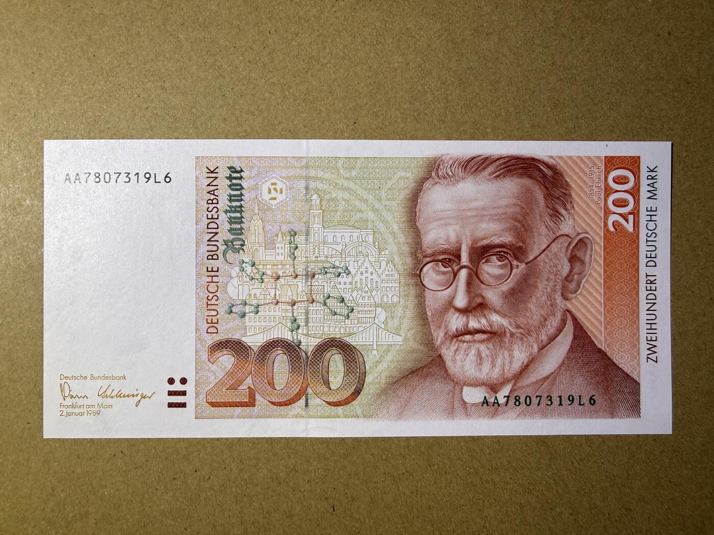 《艾美收藏》第227期-1.3周六外币黄金场-马年首拍 德国200马克 UNC 1989年 德国医学家埃尔利希 AA冠无4