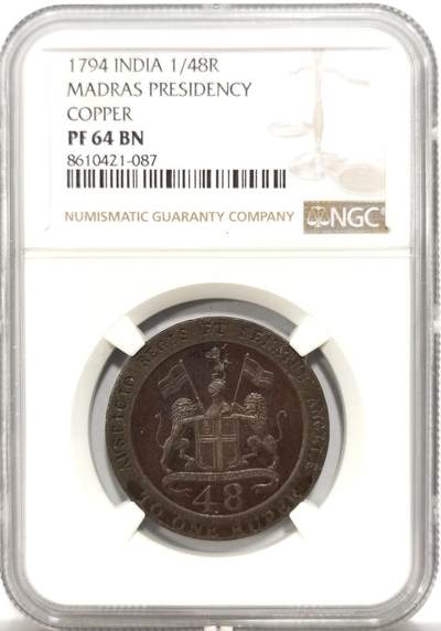 博洋堂“岁启嘉年”2026新年精品大拍专场暨第155期（全场包邮） - NGC PF64BN 印度马德拉斯邦1794年精制1/48卢比