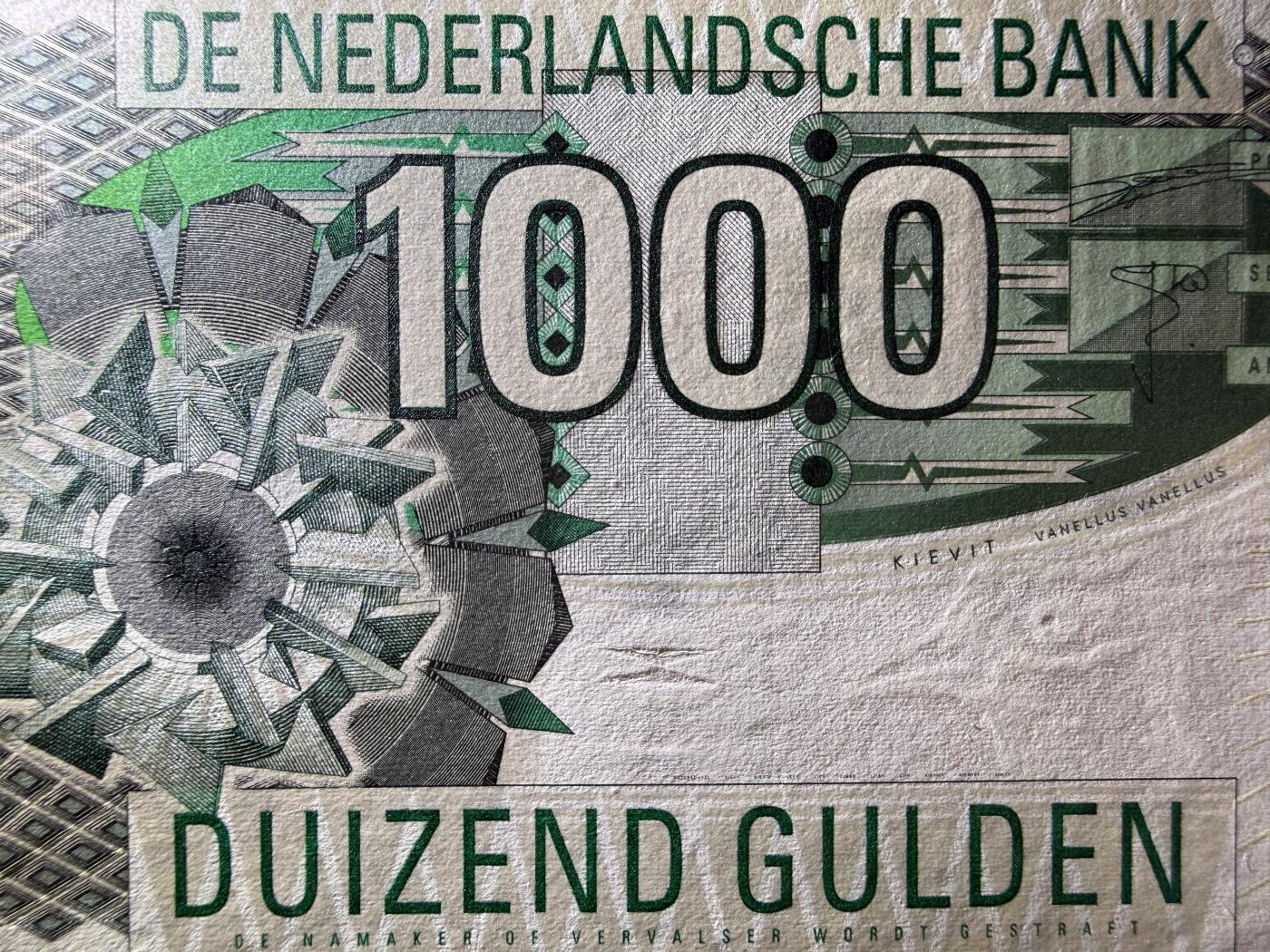 《艾美收藏》第227期-1.3周六外币黄金场-马年首拍 荷兰1000盾 UNC 1994年 齿轮版 边缘有道荧光 无4 汇率近4000元