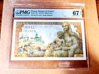 【Blue Auction】世界纸币精拍第771期——18级TOP拍卖/信誉/品质/专业/高效💫 - 法国 1943年1000法郎 大票幅 墨丘利 PMG67EPQ 