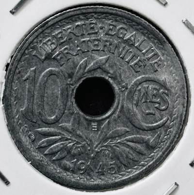 文馨钱币收藏 迎新纳福2026新年第一场（第 287 场）金银老铜币拍卖 - 稀少未流通状态 1945 年法国 10 分锌币，第五版本首发年只发行两年 B 版