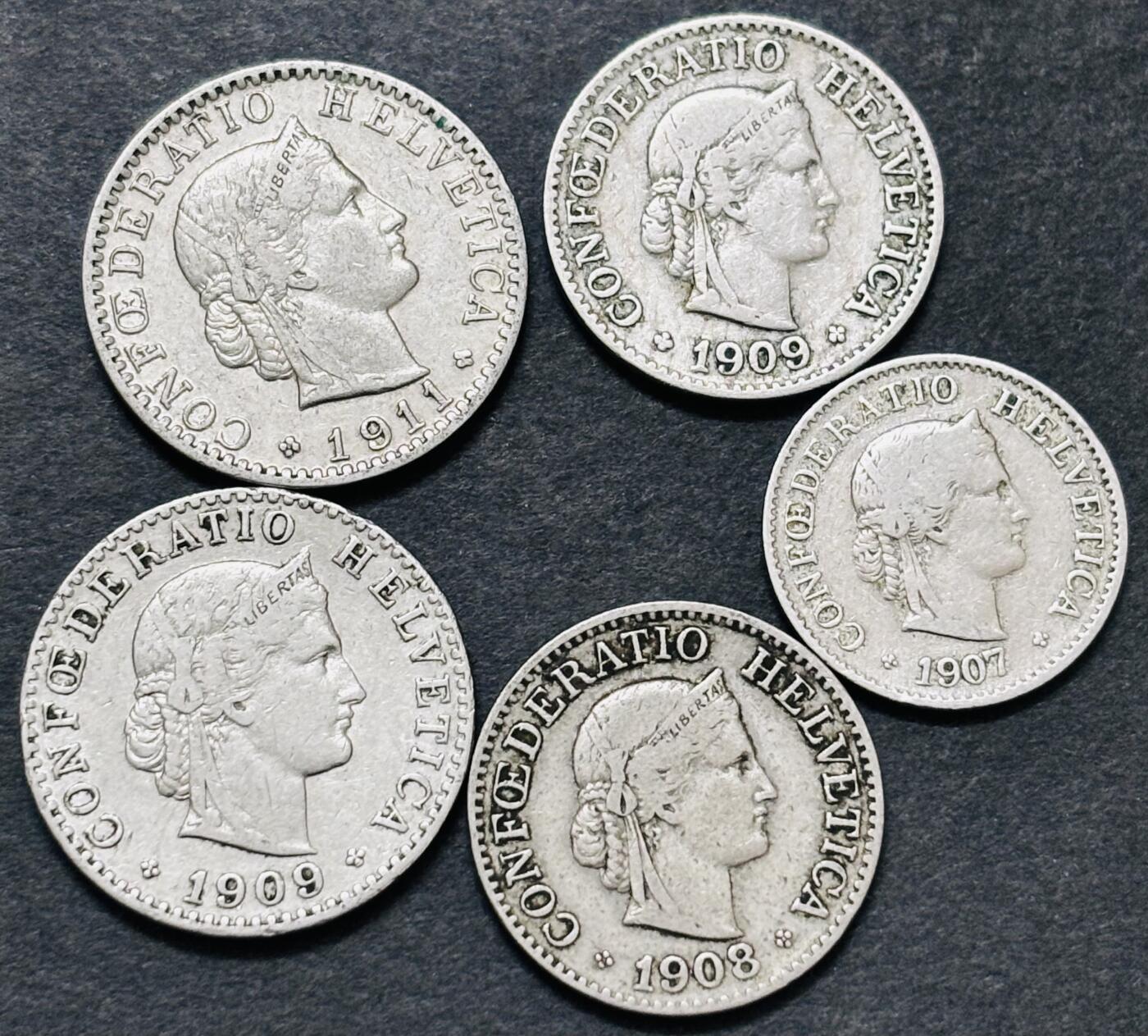 文馨钱币收藏 迎新纳福2026新年第一场（第 287 场）金银老铜币拍卖 少见早期年份 1907-1911 年瑞士 5-10-20 生丁 5 枚，对应清朝光绪，宣统时期，早期年份美品更是不多见，网上随便一个也要几十元一枚