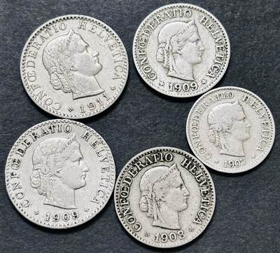 文馨钱币收藏 迎新纳福2026新年第一场（第 287 场）金银老铜币拍卖 - 少见早期年份 1907-1911 年瑞士 5-10-20 生丁 5 枚，对应清朝光绪，宣统时期，早期年份美品更是不多见，网上随便一个也要几十元一枚