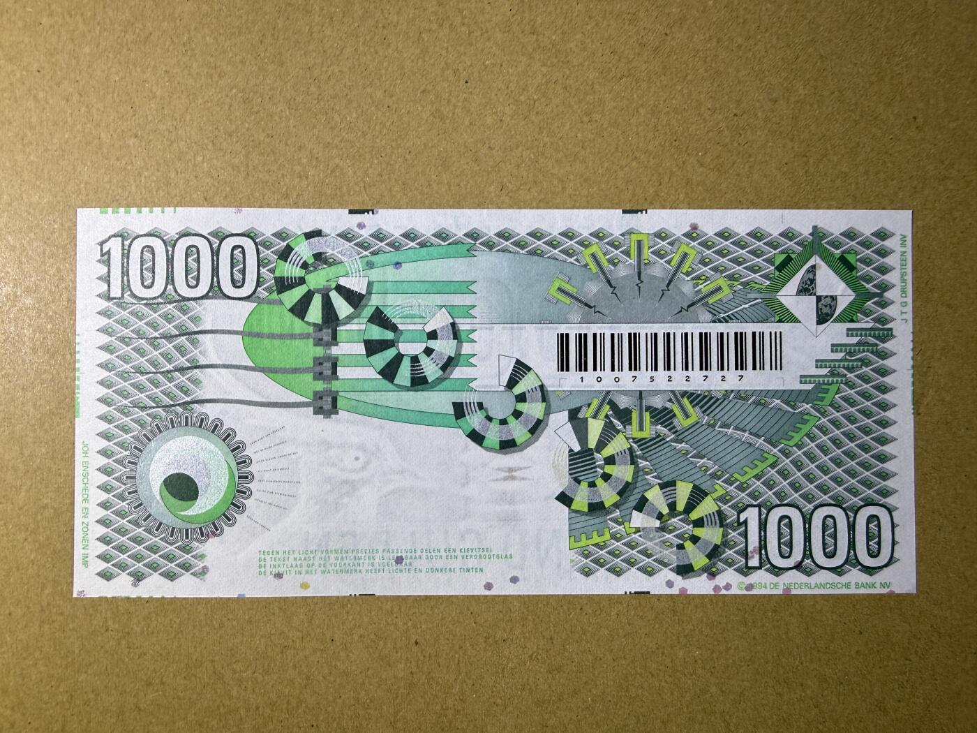 《艾美收藏》第227期-1.3周六外币黄金场-马年首拍 荷兰1000盾 UNC 1994年 齿轮版 边缘有道荧光 无4 汇率近4000元