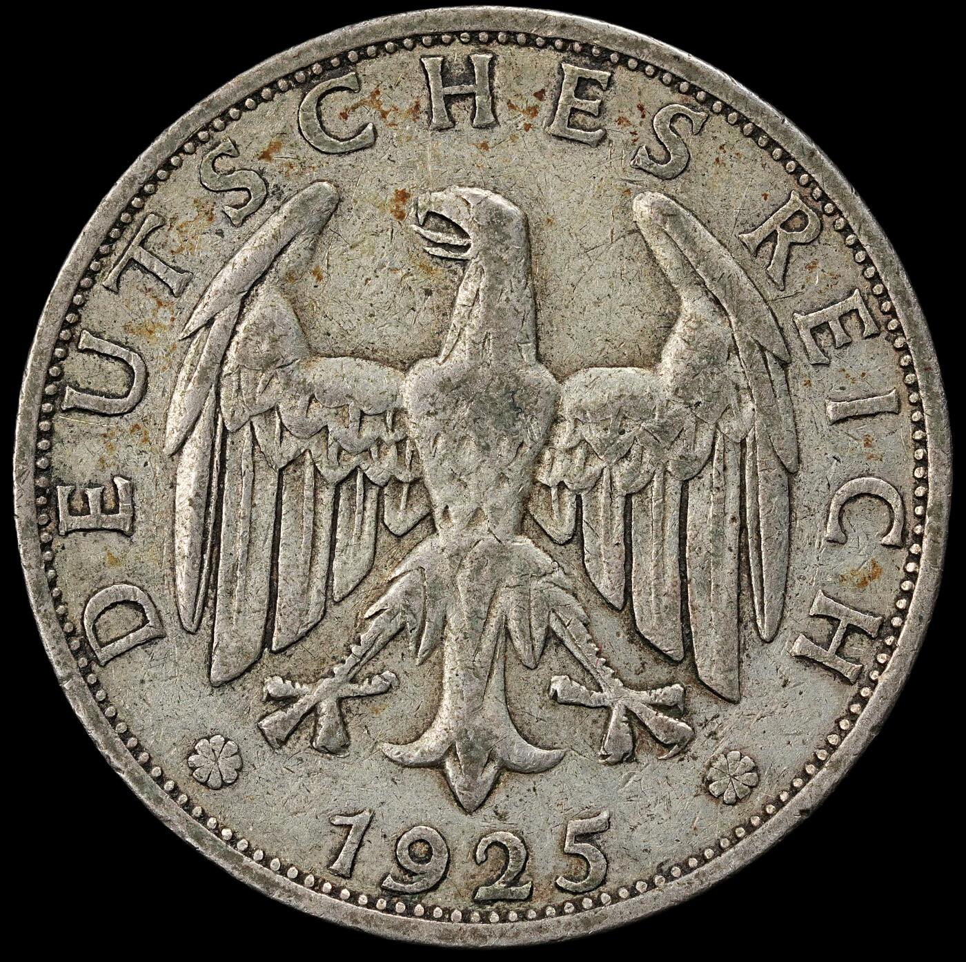 修遠堂世界钱币第一百期 1925年德国2马克银币 A厂铭，9.85g，含银50%