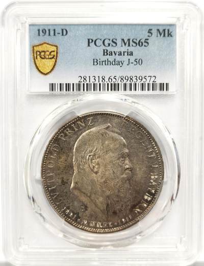 博洋堂“岁启嘉年”2026新年精品大拍专场暨第155期（全场包邮） - PCGS MS65 德国巴伐利亚1911年利奥波德聂政王寿辰5马克银币，暗紫包浆，高分绝美！
