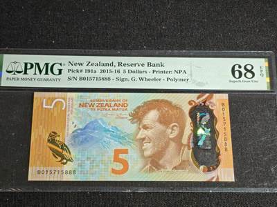 刘世昌艺术品销售中心～虎踞龙蟠*金杨在线联拍群第513期 - 新西兰2015-16年5元【豹子号】（PMG    68E    号码：BO15715888）1枚。此币荣获当年IBNS世界纸币大奖赛“最佳纸币”大奖。