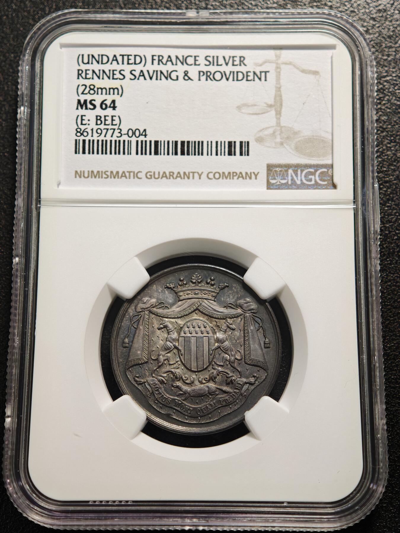 【德藏】世界币章拍卖第160期 19世纪 法国雷恩储蓄银行纪念银章代用币 NGC MS64 深邃原味老包浆 设计立体感十足