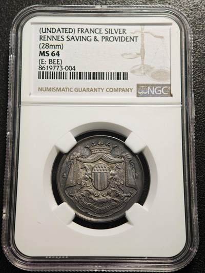 【德藏】世界币章拍卖第160期 - 19世纪 法国雷恩储蓄银行纪念银章代用币 NGC MS64 深邃原味老包浆 设计立体感十足