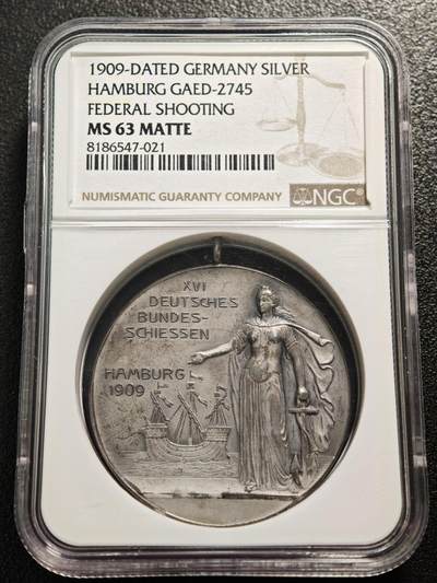 【德藏】世界币章拍卖第160期 - 1909年德国汉堡射击节城市景观女神银章 NGC MS63