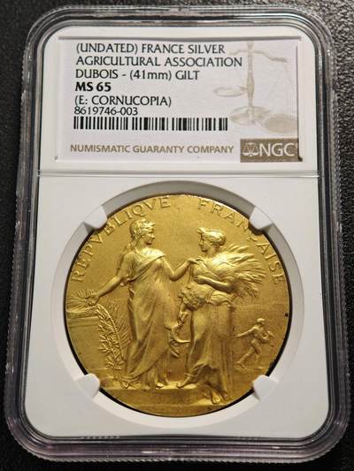 【德藏】世界币章拍卖第160期 - 19世纪法国农业协会镀金银章 NGC MS65 镀金层完好 金光闪闪 品相状态一流