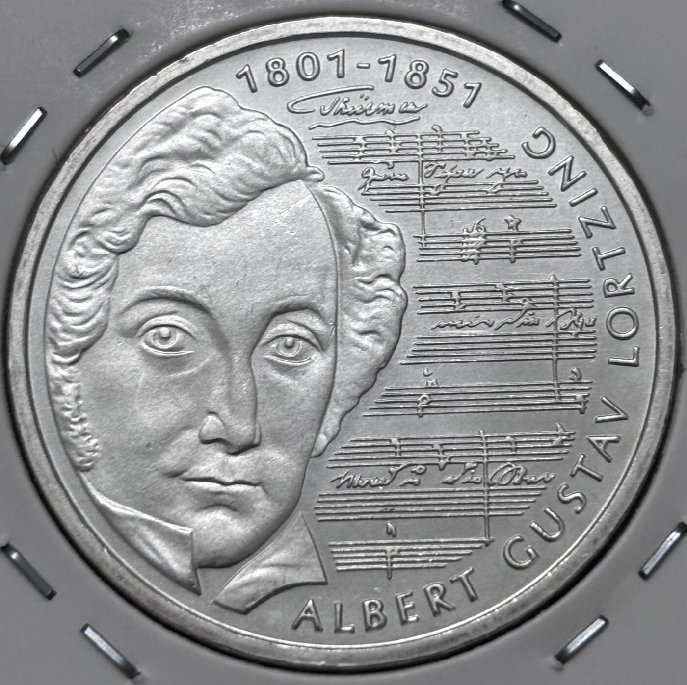 文馨钱币收藏 迎新纳福2026新年第一场（第 287 场）金银老铜币拍卖 原光品相2001 年德国阿尔伯特古斯塔夫洛津诞辰 200 周年 10 马克纪念大银币 15.5 克 925 高银，品相可评级