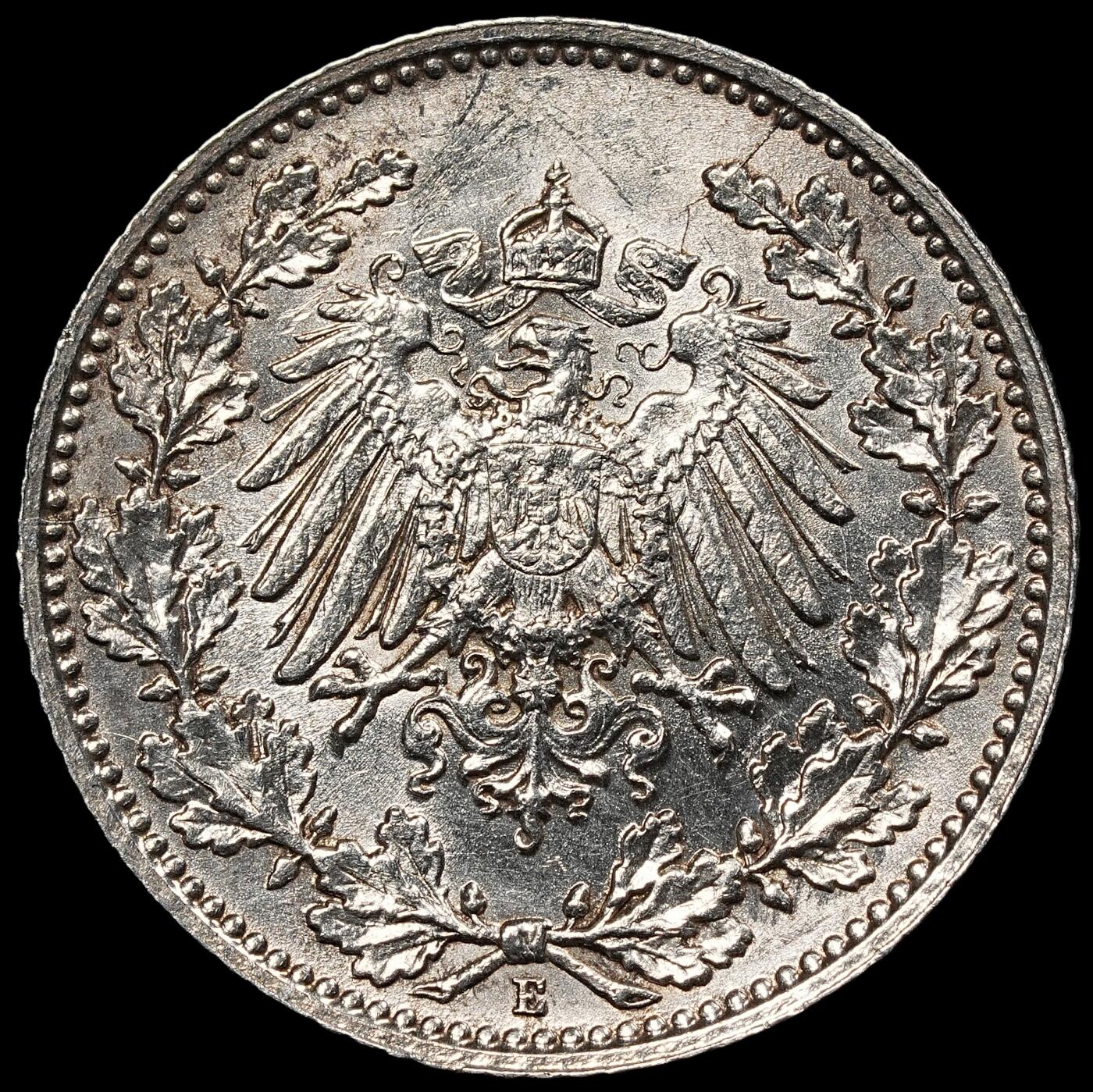 修遠堂世界钱币第一百期 1917年德国1/2马克银币 E厂铭，未流通，2.77g，含银90%