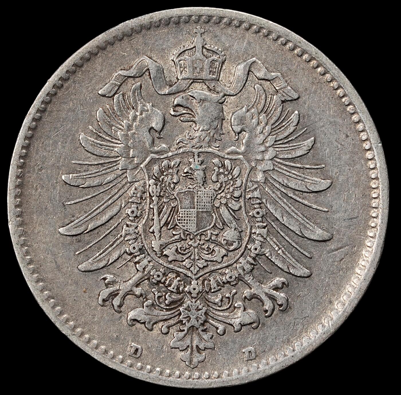 修遠堂世界钱币第一百期 1875年德国1马克银币 D厂铭，5.51g，含银90%