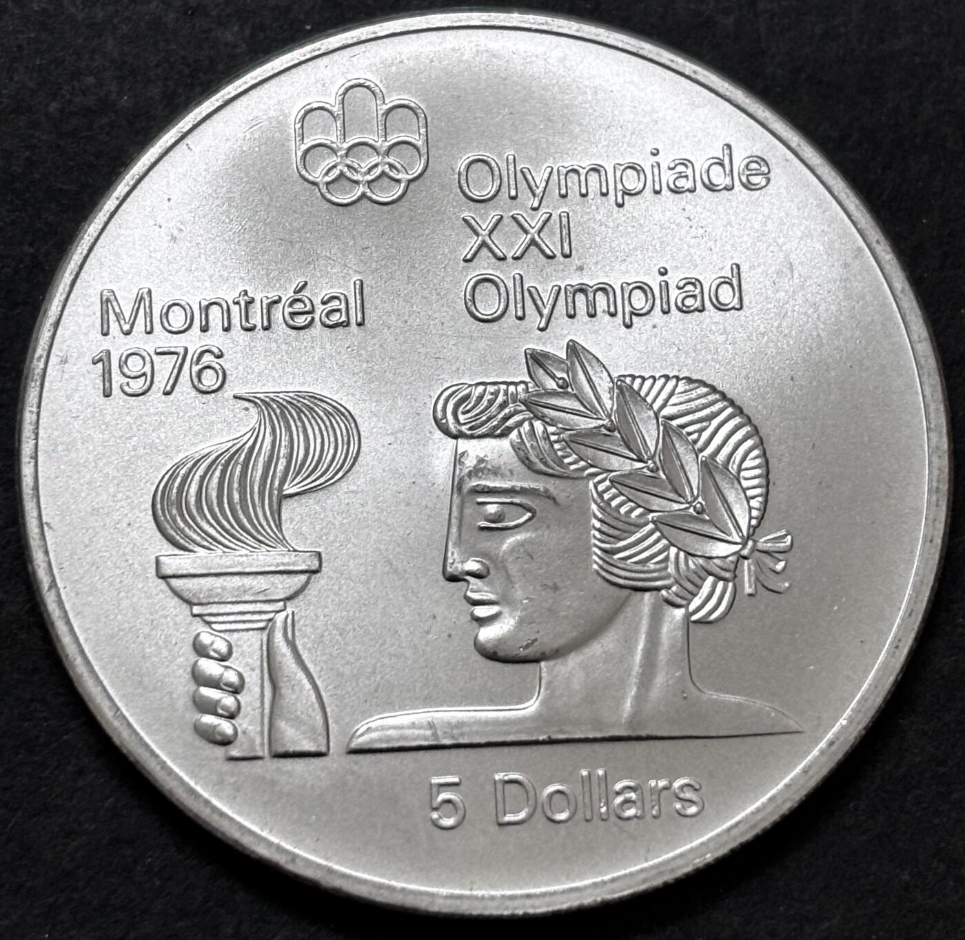 文馨钱币收藏 迎新纳福2026新年第一场（第 287 场）金银老铜币拍卖 原光品相 1974 年加拿大蒙特利尔第 21 届夏季奥林匹克运动会火炬手系列 5 元纪念大银币，24.3 克 925 高银，品相可评级