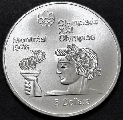 文馨钱币收藏 迎新纳福2026新年第一场（第 287 场）金银老铜币拍卖 - 原光品相 1974 年加拿大蒙特利尔第 21 届夏季奥林匹克运动会火炬手系列 5 元纪念大银币，24.3 克 925 高银，品相可评级