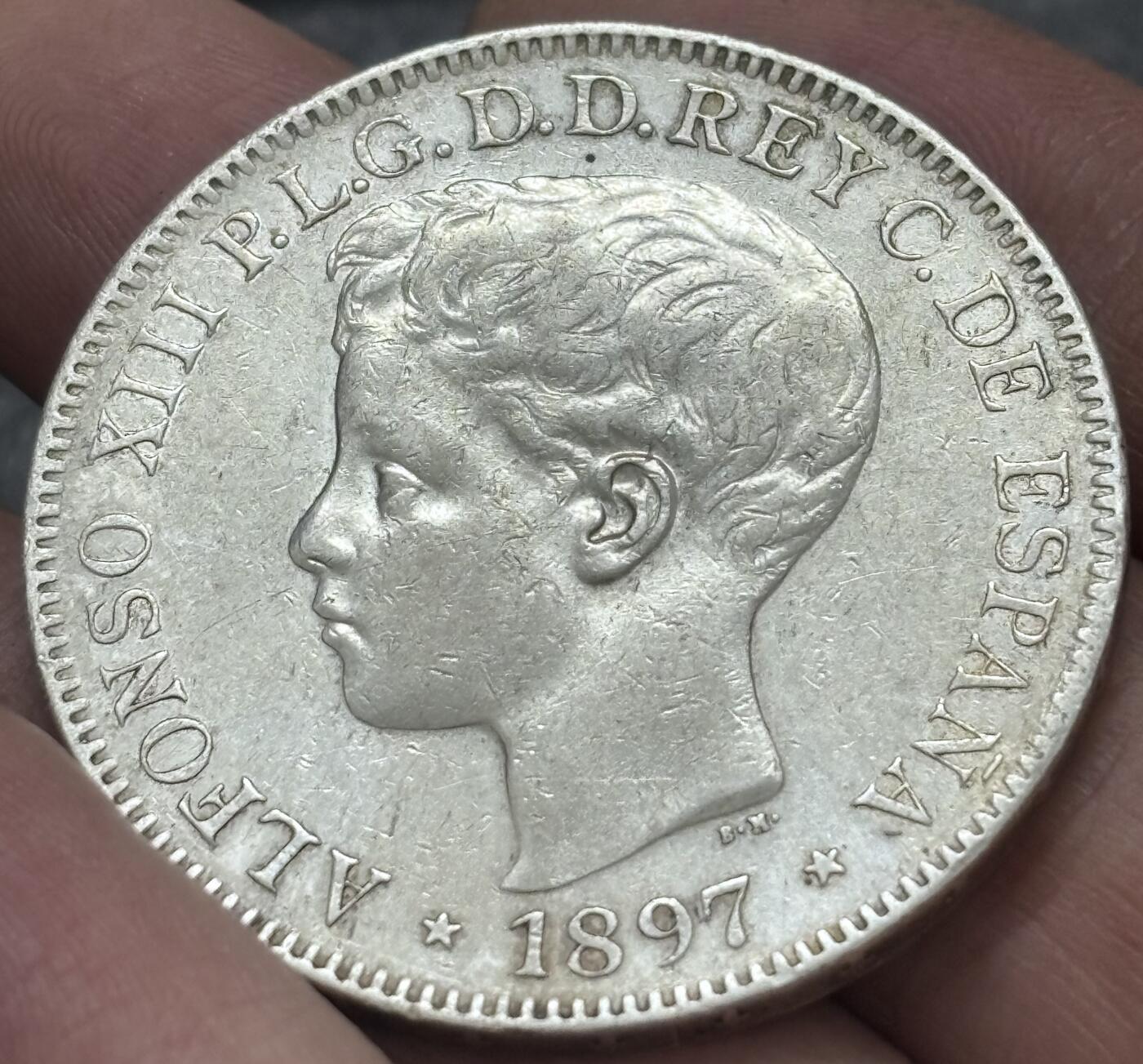 文馨钱币收藏 迎新纳福2026新年第一场（第 287 场）金银老铜币拍卖 稀少带光极美品 1897 年西属菲律宾阿方索十三世 1 比索大银币，独年份版，这种流通品相已经算是非常不错的