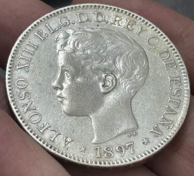 文馨钱币收藏 迎新纳福2026新年第一场（第 287 场）金银老铜币拍卖 - 稀少带光极美品 1897 年西属菲律宾阿方索十三世 1 比索大银币，独年份版，这种流通品相已经算是非常不错的