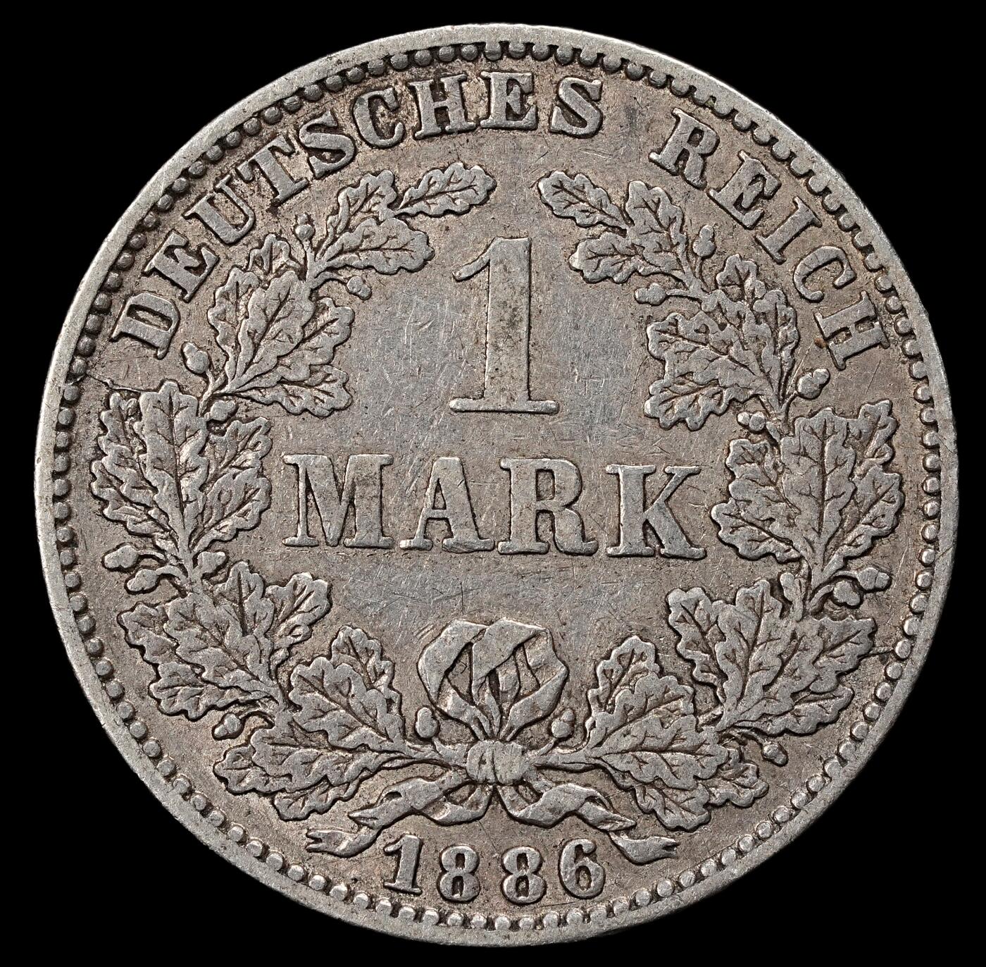 修遠堂世界钱币第一百期 1886年德国1马克银币 E厂铭，5.47g，含银90%，少见厂铭