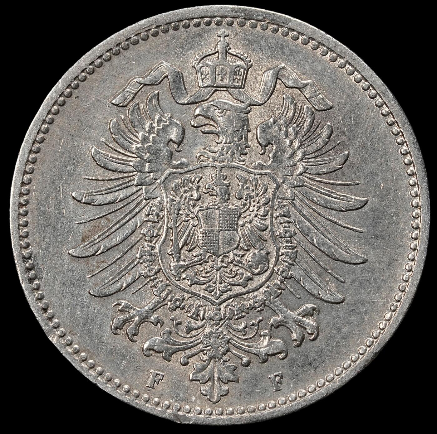 修遠堂世界钱币第一百期 1874年德国1马克银币 F厂铭，5.51g，含银90%