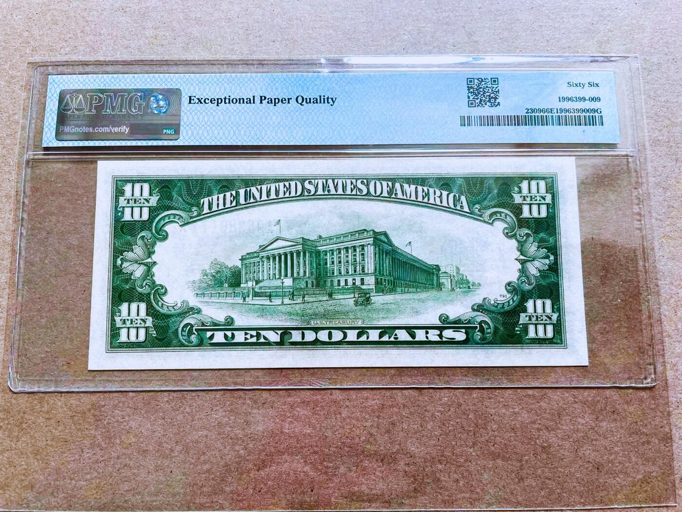 【Blue Auction】世界纸币精拍第771期——18级TOP拍卖/信誉/品质/专业/高效💫 【AA冠 亚军分少见 3509张评级中仅18张更高分 非常难得的品相】美国 1934年10美金 北非券 PMG66EPQ 此票是专门供二战时期驻欧洲和北非美军及盟国使用的美元钞票