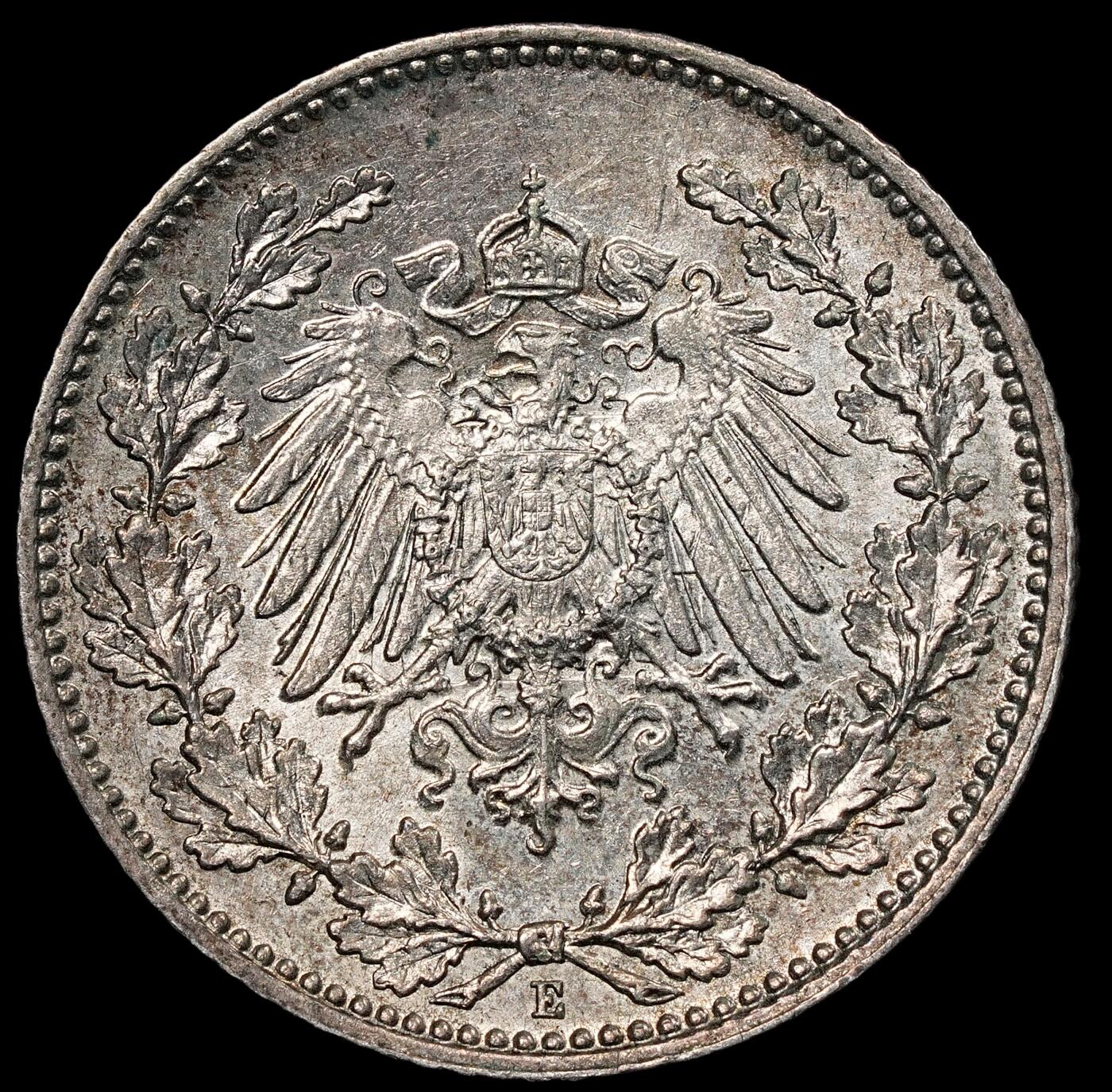 修遠堂世界钱币第一百期 1915年德国1/2马克银币 E厂铭，未流通，2.77g，含银90%