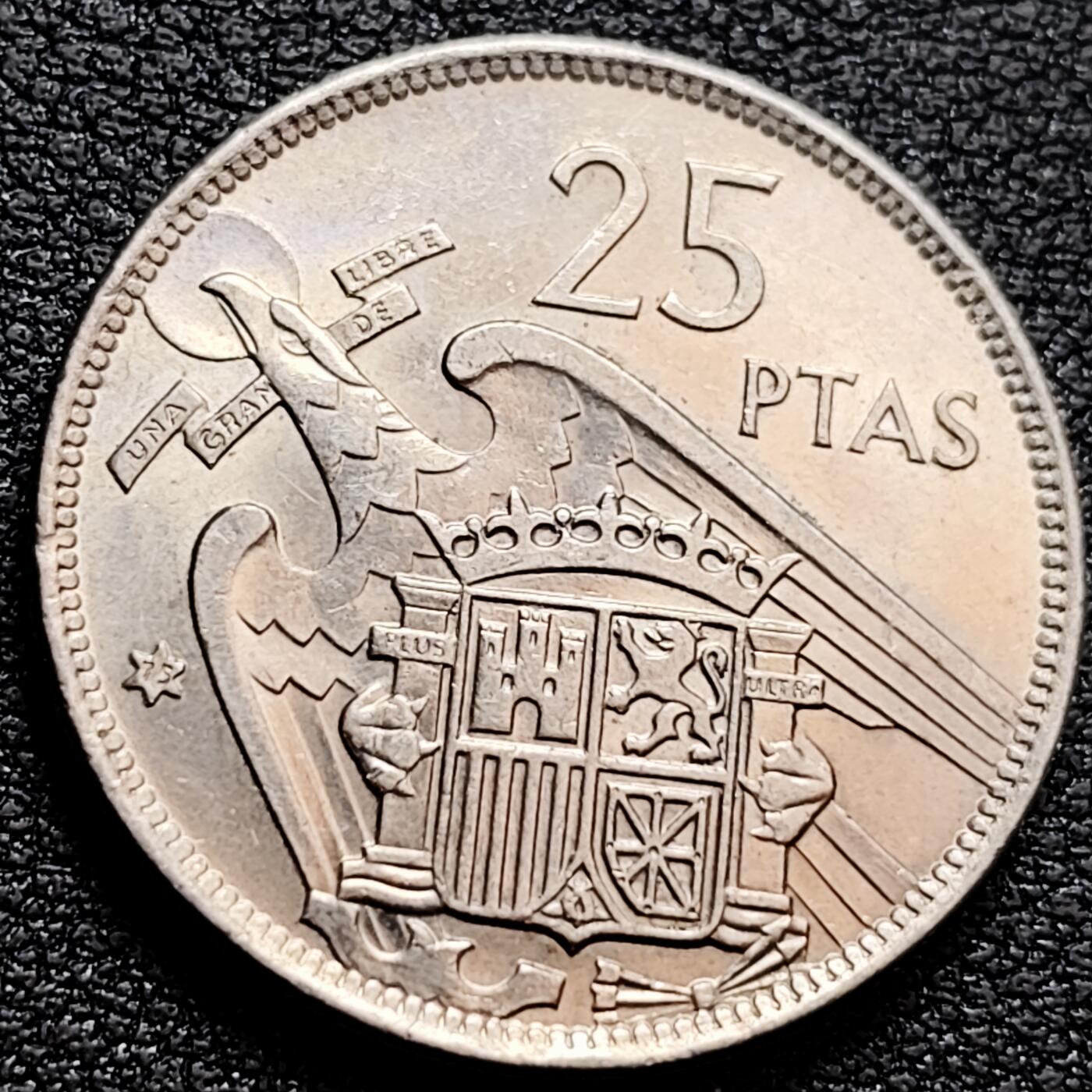 泉币菌-第160场-新年第三场 精品福利场 原光美品 弗朗西斯科佛朗哥 西班牙1957-年25比塞塔銅镍硬币26.5mm8.5g