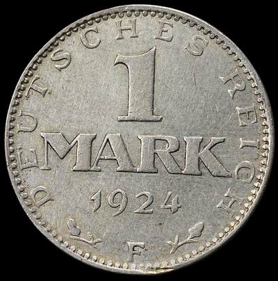 修遠堂世界钱币第一百期 - 1924年德国1马克银币 F厂铭，5.00g，含银50%