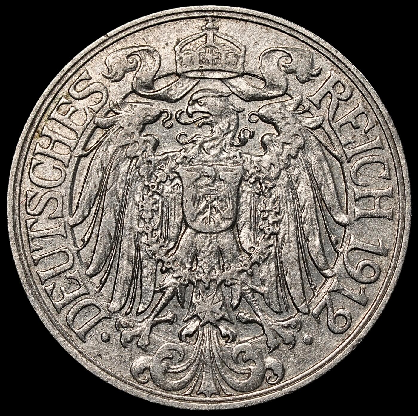 修遠堂世界钱币第一百期 1912年德国25芬尼 A厂铭，铜镍合金