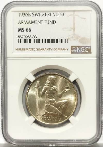 博洋堂“岁启嘉年”2026新年精品大拍专场暨第155期（全场包邮） - NGC MS66 瑞士1936年联邦军备基金瑞士女神赫尔维5法郎银币
