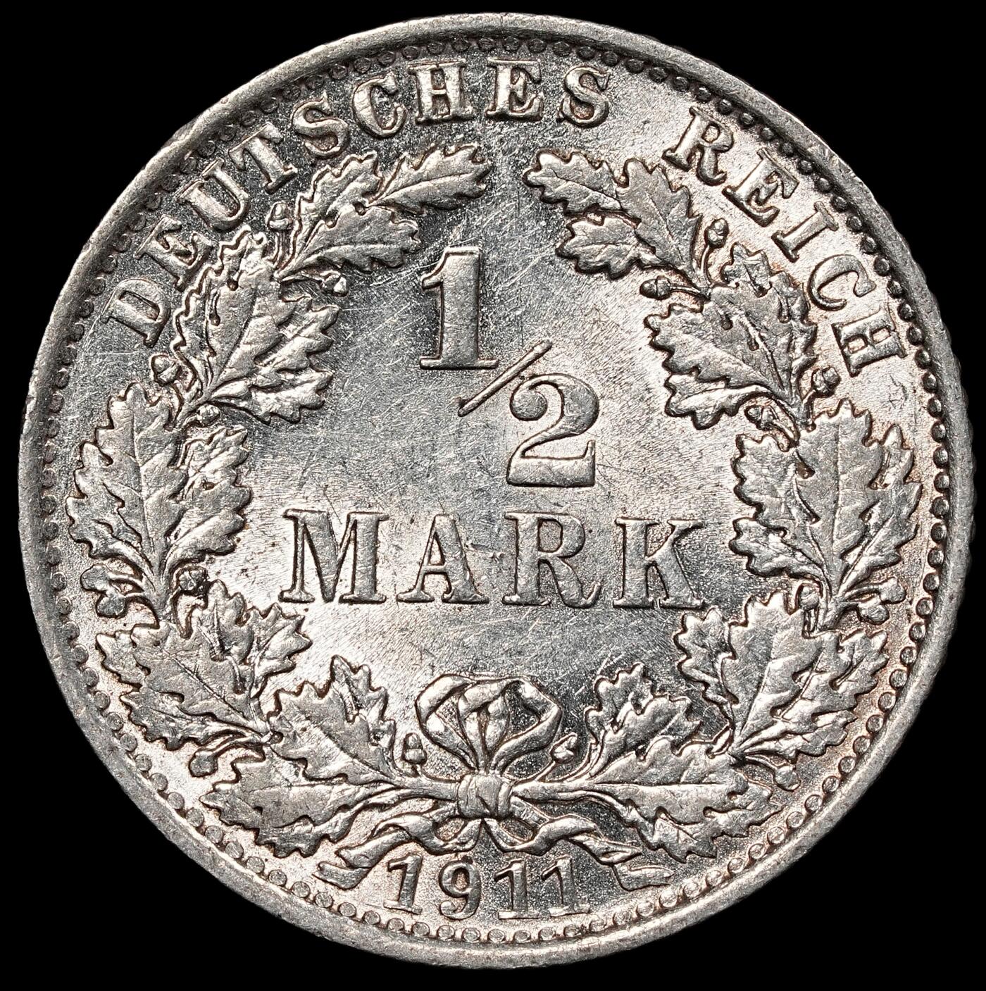 修遠堂世界钱币第一百期 1911年德国1/2马克银币 E厂铭，少见的年份和厂铭，未流通，2.77g，含银90%