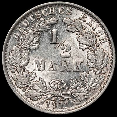 修遠堂世界钱币第一百期 - 1911年德国1/2马克银币 E厂铭，少见的年份和厂铭，未流通，2.77g，含银90%