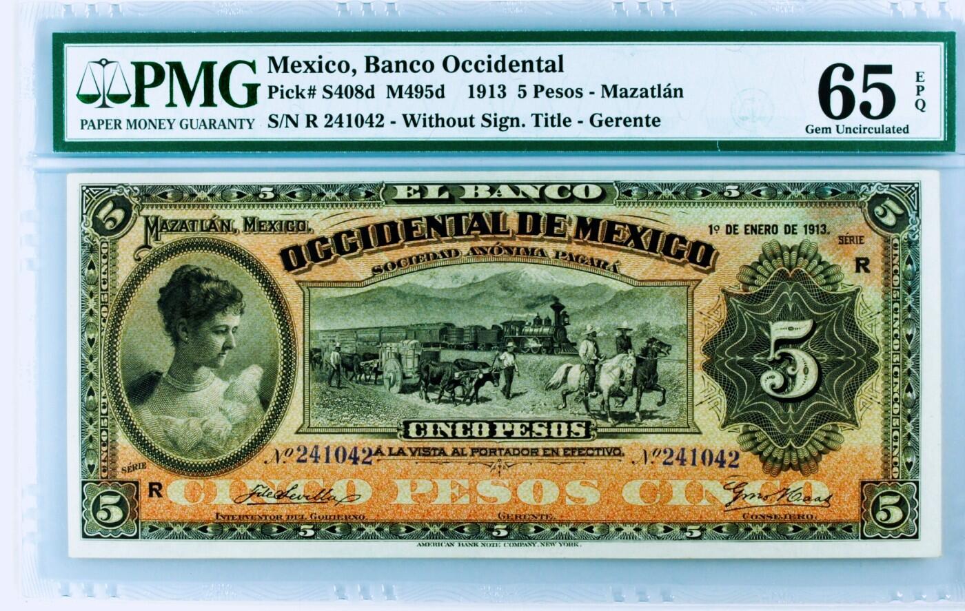 【Blue Auction】世界纸币精拍第771期——18级TOP拍卖/信誉/品质/专业/高效💫  【百年前实钞 唯一冠军分绝品 极罕见】墨西哥 1913年5比索 PMG65EPQ 历经110年油墨依旧光鲜凹凸感好 亚军分仅53 美女与双大场景非常漂亮 背面是墨西哥西部太平洋沿岸最大港口和游览胜地——马萨特兰 收藏级 远比样钞稀罕 可遇不可求