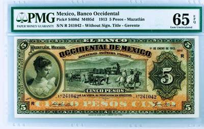 【Blue Auction】世界纸币精拍第771期——18级TOP拍卖/信誉/品质/专业/高效💫 -  【百年前实钞 唯一冠军分绝品 极罕见】墨西哥 1913年5比索 PMG65EPQ 历经110年油墨依旧光鲜凹凸感好 亚军分仅53 美女与双大场景非常漂亮 背面是墨西哥西部太平洋沿岸最大港口和游览胜地——马萨特兰 收藏级 远比样钞稀罕 可遇不可求