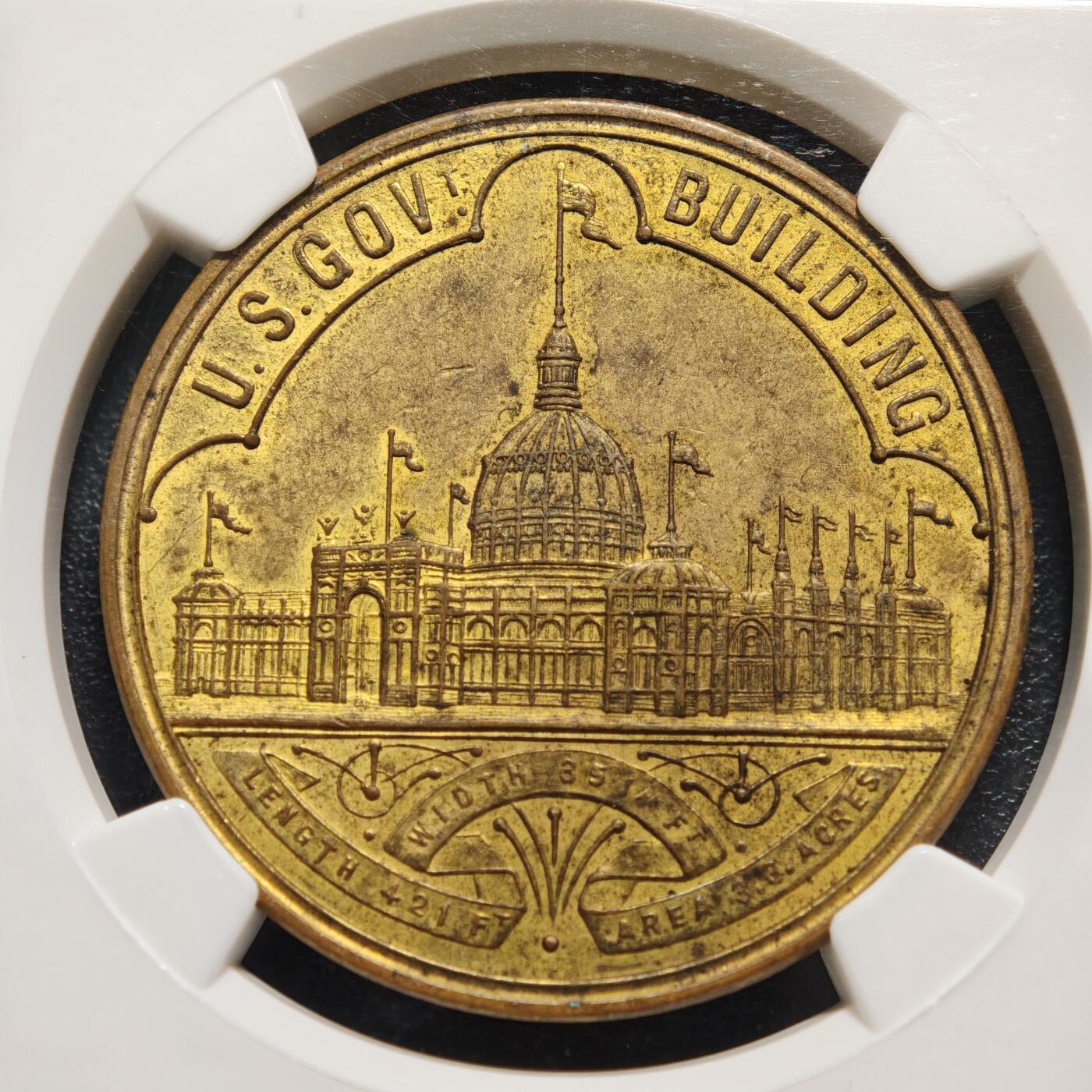 【德藏】世界币章拍卖第160期 1893年 美国哥伦比亚世博会纪念铜章 NGC MS63 正面是哥伦比亚世博会主馆的建筑物，背面记录世博会文字。品相完好，少见品种
