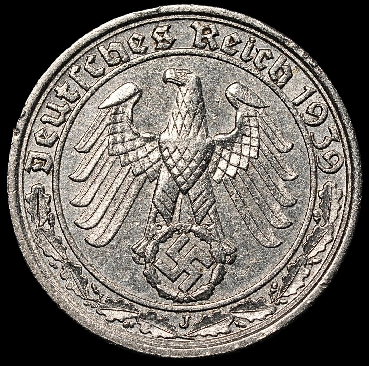 修遠堂世界钱币第一百期 1939年德国50芬尼坦克币，J厂铭