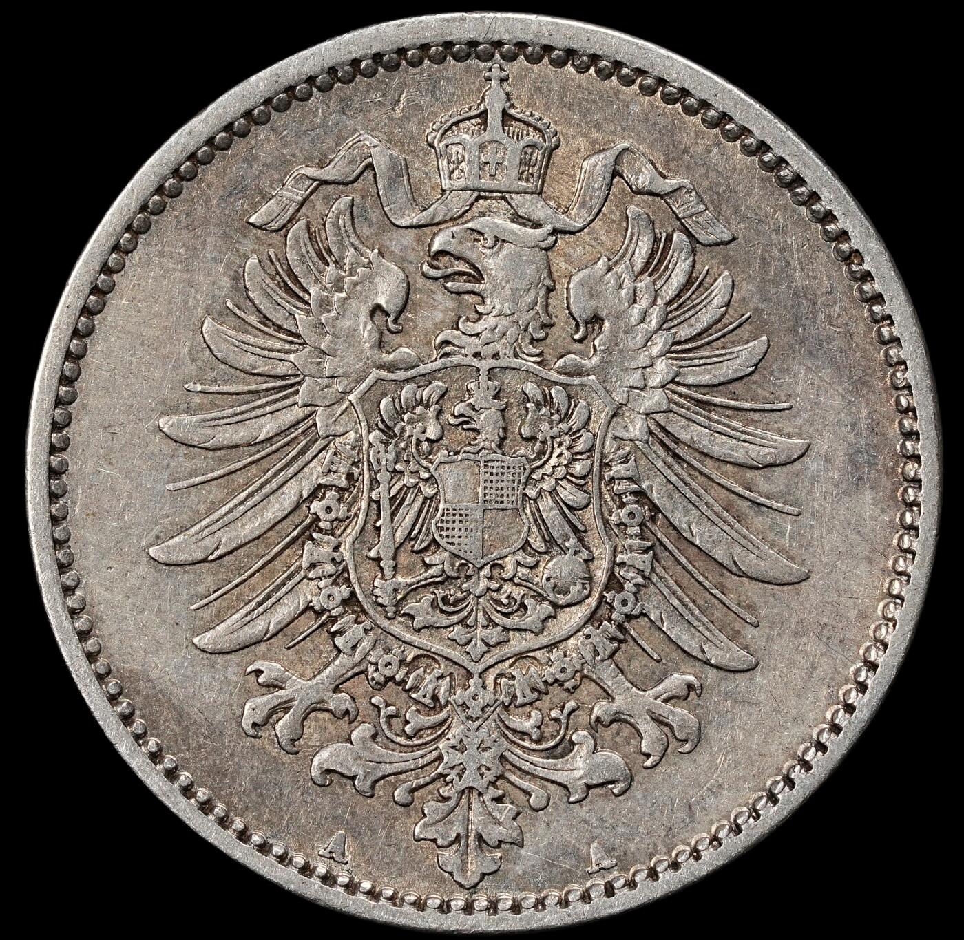 修遠堂世界钱币第一百期 1875年德国1马克银币 A厂铭，5.54g，含银90%