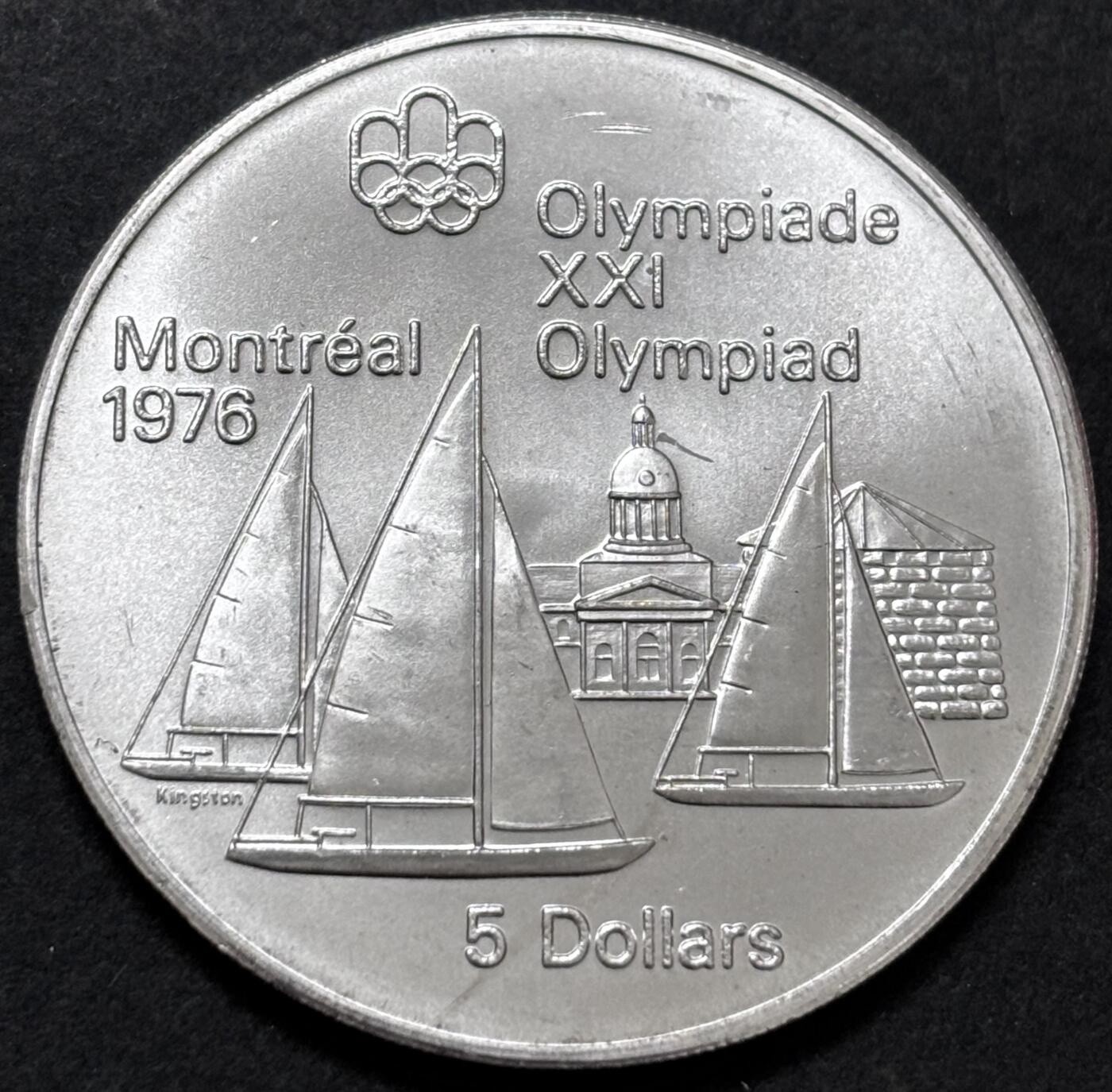 文馨钱币收藏 迎新纳福2026新年第一场（第 287 场）金银老铜币拍卖 原光品相 1973 年加拿大蒙特利尔第 21 届夏季奥林匹克运动会帆船系列 5 元纪念大银币，24.3 克 925 高银，品相可评级