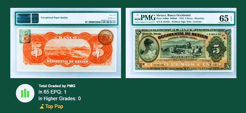 【Blue Auction】世界纸币精拍第771期——18级TOP拍卖/信誉/品质/专业/高效💫  【百年前实钞 唯一冠军分绝品 极罕见】墨西哥 1913年5比索 PMG65EPQ 历经110年油墨依旧光鲜凹凸感好 亚军分仅53 美女与双大场景非常漂亮 背面是墨西哥西部太平洋沿岸最大港口和游览胜地——马萨特兰 收藏级 远比样钞稀罕 可遇不可求