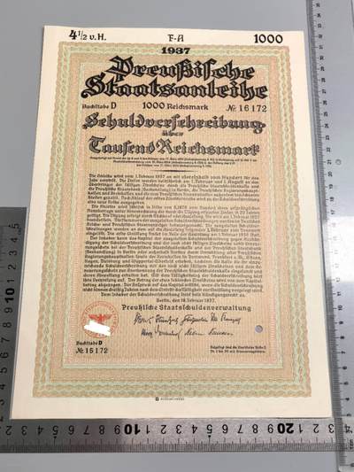 小驴勋章奖章收藏1月2日周五晚六点拍卖（珍爱和平，收藏战争，铭记历史，勿忘国耻，忠党爱国。有偿代拍，送拍规则在简介最后，参拍须阅读规则后再参拍，关系到运费包装发货时效真假辨别等关键信息，拍卖时不再发原图，看大图店主微信码在拍卖店铺介绍里） - 1937年1000马克国债