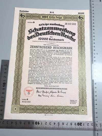 小驴勋章奖章收藏1月2日周五晚六点拍卖（珍爱和平，收藏战争，铭记历史，勿忘国耻，忠党爱国。有偿代拍，送拍规则在简介最后，参拍须阅读规则后再参拍，关系到运费包装发货时效真假辨别等关键信息，拍卖时不再发原图，看大图店主微信码在拍卖店铺介绍里） - 1937年10000马克国债