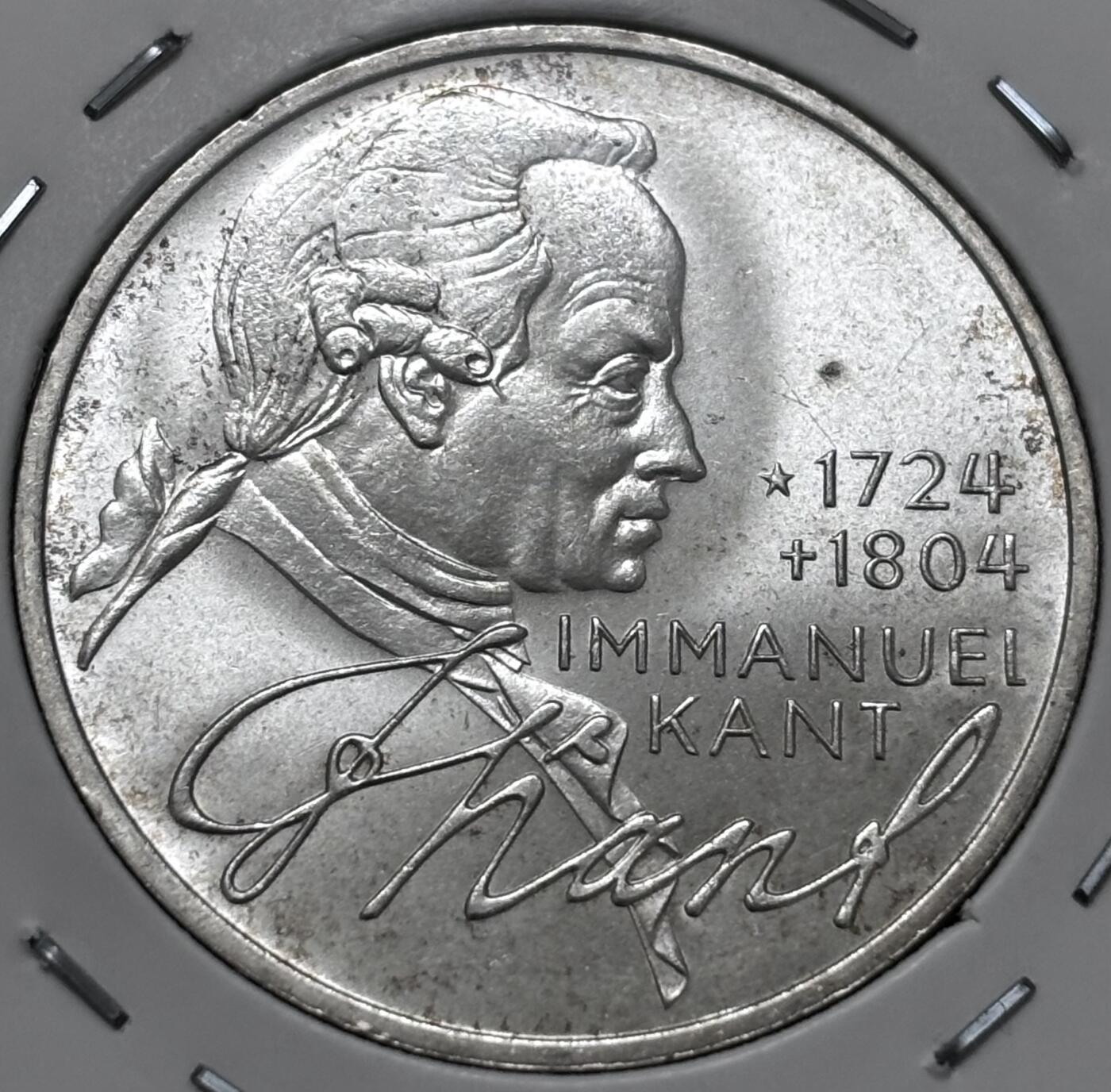 文馨钱币收藏 迎新纳福2026新年第一场（第 287 场）金银老铜币拍卖 原光品相 1974 年德国哲学家康德诞辰 250 周年 5 马克纪念银币 11.2 克 625 银，品相可评级