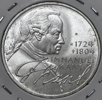 文馨钱币收藏 迎新纳福2026新年第一场（第 287 场）金银老铜币拍卖 - 原光品相 1974 年德国哲学家康德诞辰 250 周年 5 马克纪念银币 11.2 克 625 银，品相可评级